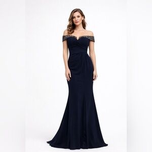 Xscape Navy Beaded Off Shoulder Evening Gown Prom Formal Dress Size 6